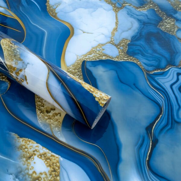 Sky Blue with White Golden Marble Design Self Adhesive UV Marble Foam Sheet 10X4 Waves Pattern