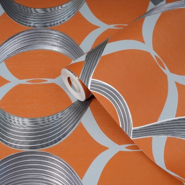 Bold Geometric Metallic Silver Oval Outlines on Burnt Orange Background Contemporary Pattern Wallpaper