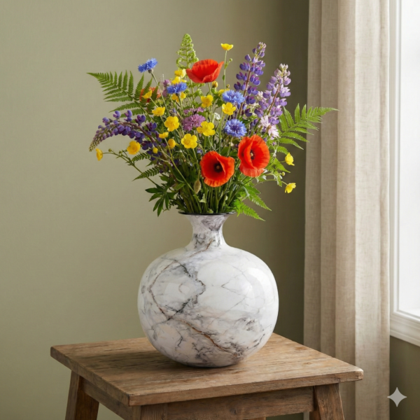 Rounded Short Narrow Neck Marble Effect Finish Decorative Metal Vase