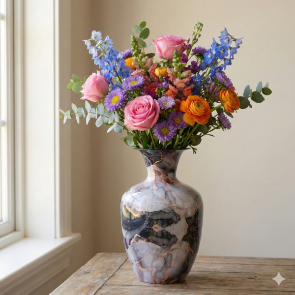 High Gloss Marble Effect Finish Deep Charcoal Black & Cool Grey Tones Short Rounded Decorative Vase