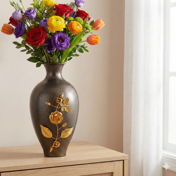 Gold Shade Sculpted Flowers & Leaves Charocal Black Tone Metal Vase