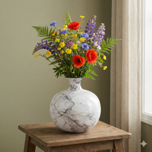 Rounded Short Narrow Neck Marble Effect Finish Decorative Metal Vase
