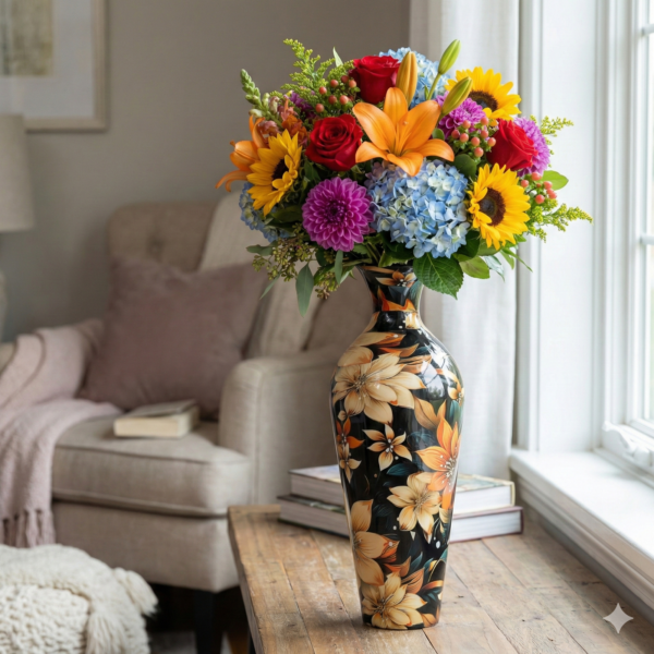 High Gloss Floral Motif Tall Decorative Floor Vase
