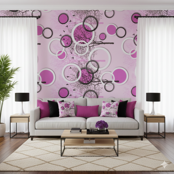 Overlapping Circles framing tree branches & birds against Pink background Self Adhesive Wallpaper