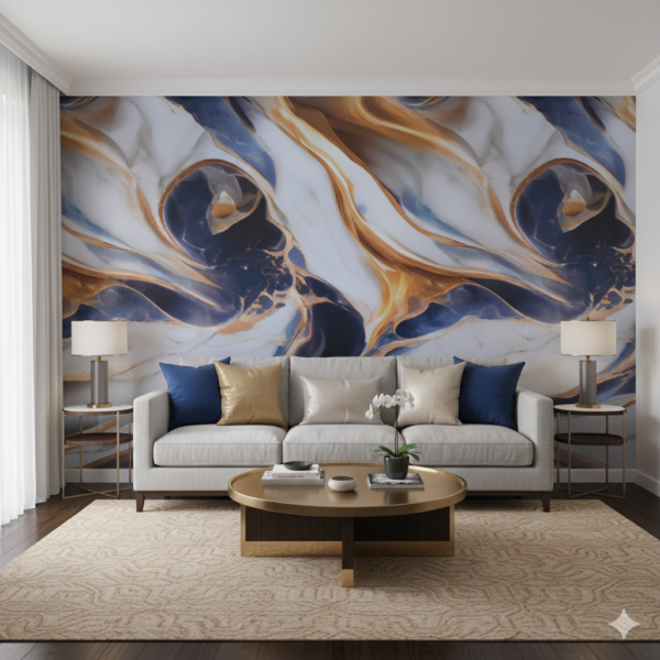 White Blue with Golden Lines Marble Design Self Adhesive Wallpaper