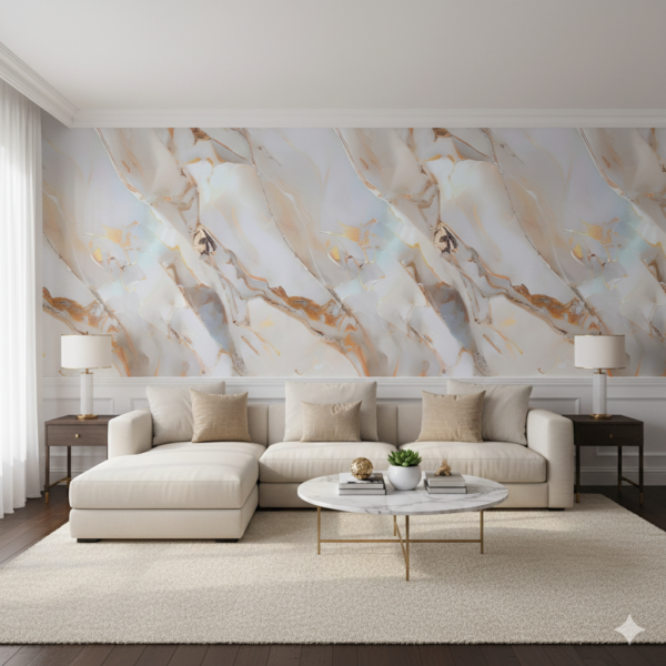 Glossy Cream White & Golden Marble Design Self Adhesive Wallpaper